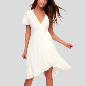 Lulu's Rise to the Occasion White Midi Wrap Short Sleeve Dress bachelorette